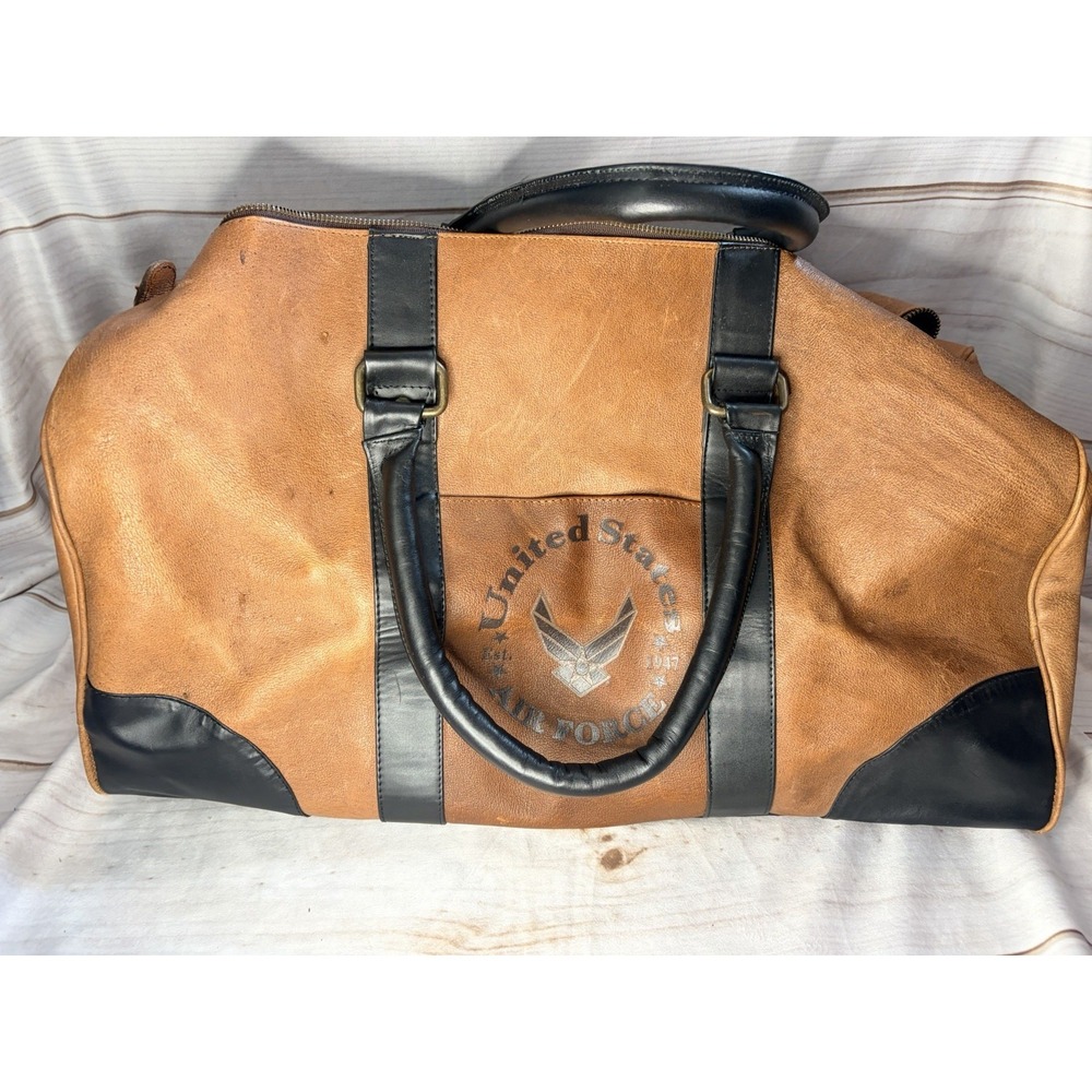 US Air Force Leather Duffle Bag Brown Black Bradford Exchange Travel Men‎ Large